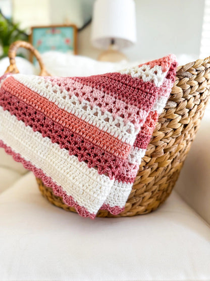 Raspberry Lattice Striped Crochet Blanket Pattern