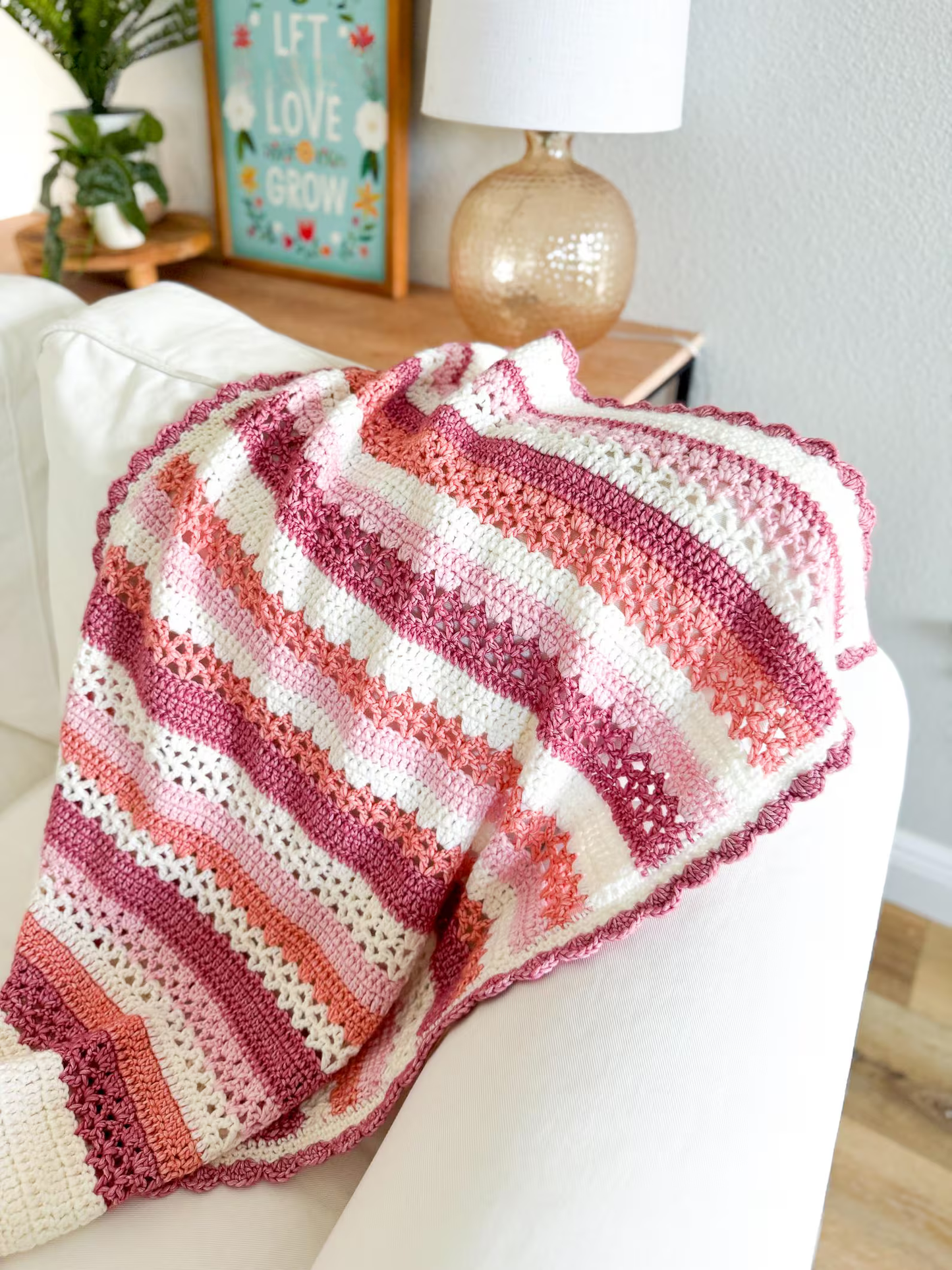 Raspberry Lattice Striped Crochet Blanket Pattern